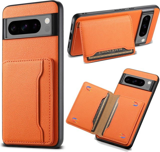 EUCAGR Multifunktionale Leder-Magnet-Brieftasche als Handyhülle für Google Pixel 10, 9, 8, 7, 6 Pro sowie 9A, 8A, 7A, 6A mit Kartensteckplatz in Grün und Orange - Bild 1