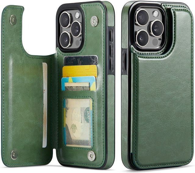 WeFor Brieftaschenhülle aus PU-Leder mit Kartenhalter und Kickstand für iPhone 15 14 Plus 13 12 11 Pro Max, Doppelter Magnetverschluss, Blau und Grün - Bild 1