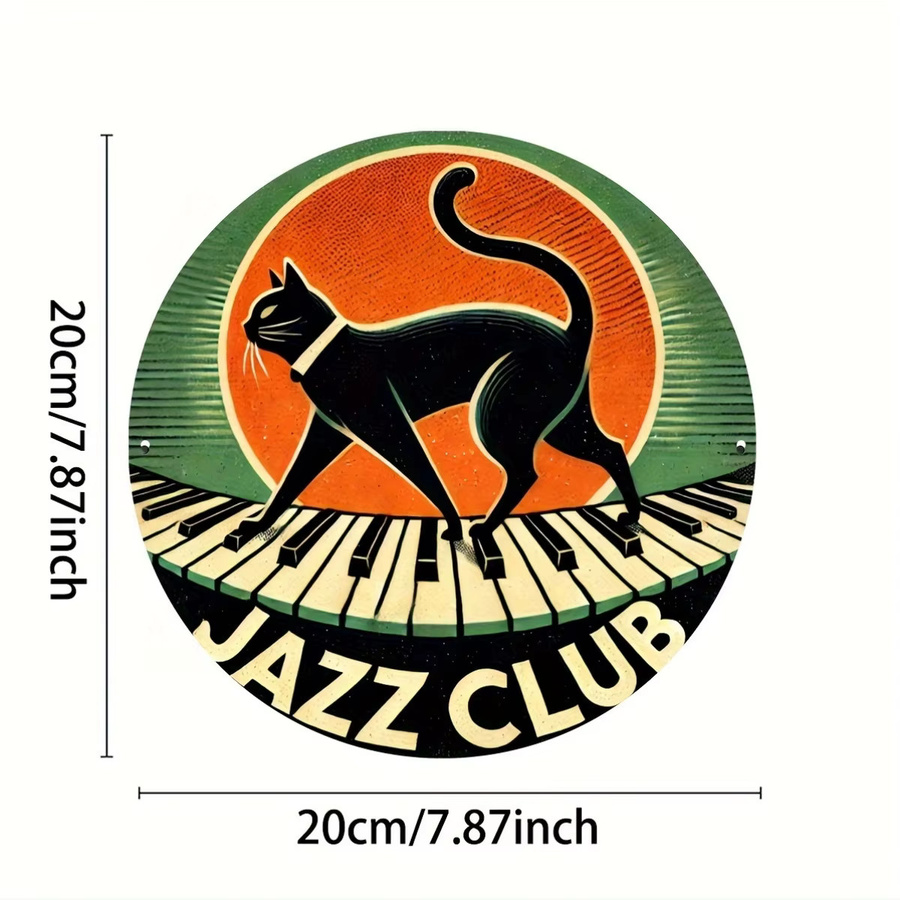 Potdemiel Vintage Jazz Club Aluminium-Wandkunst – Dekorative Metallwanddekoration mit schwarzer Katze auf Klavier in Schwarz und Multicolour, Durchmesser: 20 cm - Bild 2