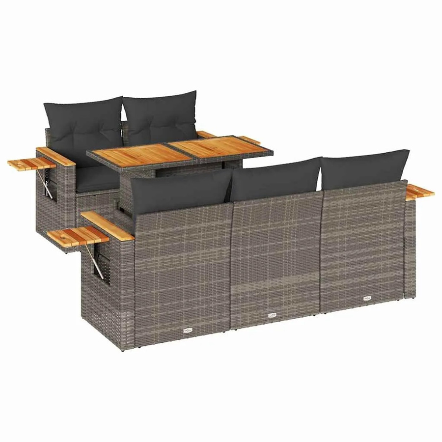 vidaXL 6-teilige Garten-Sofagarnitur in L-Form aus Polyrattan und Akazienholz in Grau mit Kissen und Tisch - Bild 2