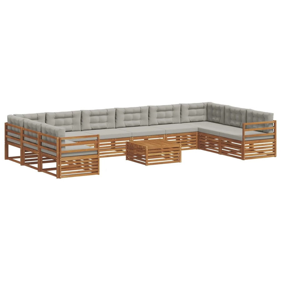 vidaXL Sofagarnitur aus Massivholz Akazie in Natur und Hellgrau, 11-teiliges Lounge-Set in U-Form mit Tisch, Bänken und Kissen - Bild 2
