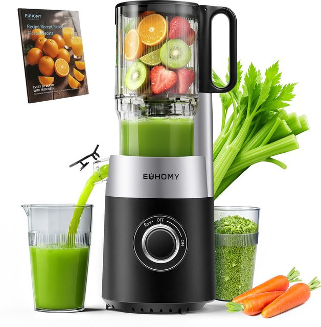 EUHOMY Kaltpressentsafter Slow Juicer mit Dreifachfiltersystem und 135mm Einfüllschacht, 220W, Schwarz, 0,7l für Obst und Gemüse - Bild 1