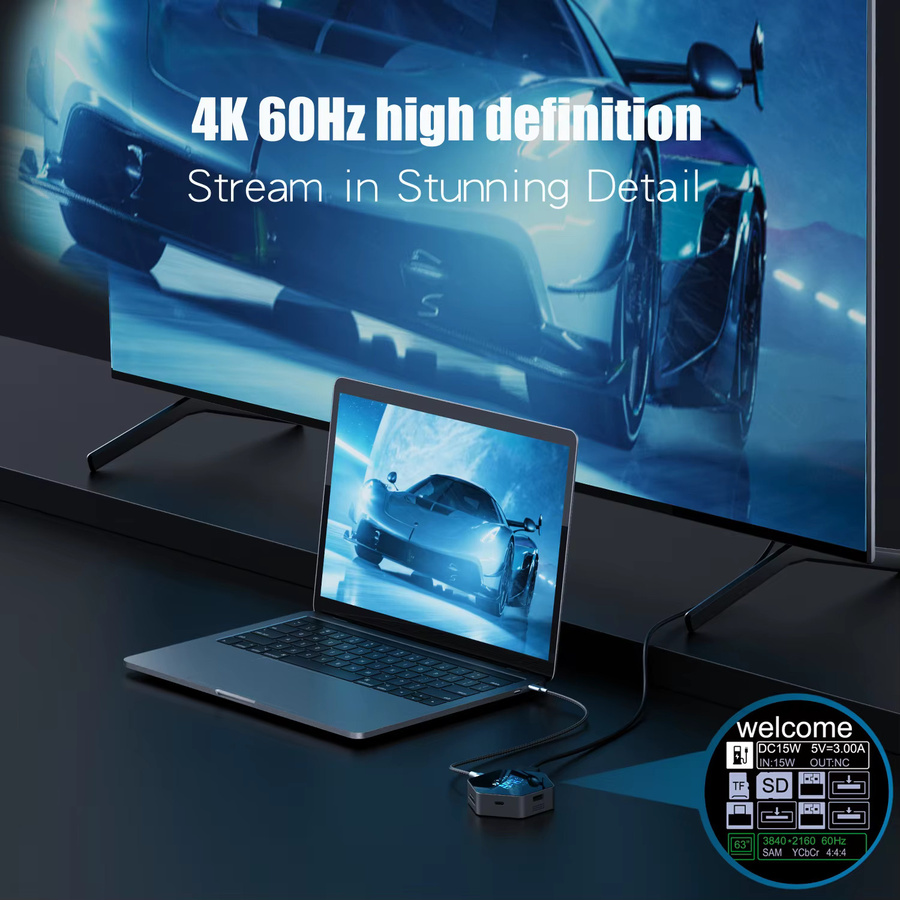 CoolFish USB-C Dockingstation 8-in-1 Multi-Port-Hub mit Smart Display, 4K UHD HDMI und PD-Ladung, Grau - Bild 3