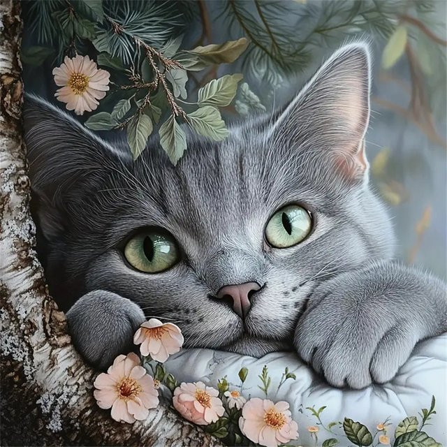 Momoart Diamantmalerei Katze und Blumen DIY Stickerei als Mosaik-Bild mit runden Steinen - Bild 1