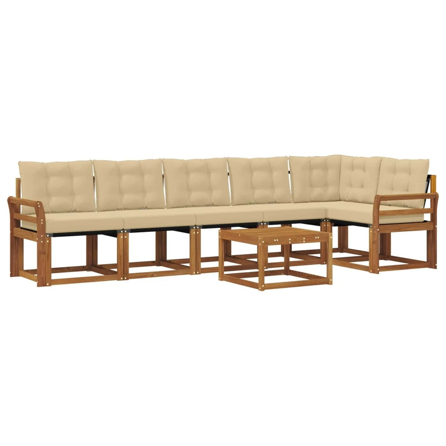vidaXL Outdoor-Sofagarnitur 7-teilig aus Akazienholz und Textilene in Natur und Beige mit Kissen und Armlehnen - Bild 2