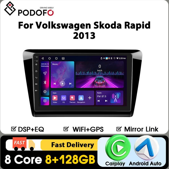 Podofo Carplay Autoradio für Volkswagen Skoda Rapid mit Android Auto, GPS-Navigation, KI-Sprachsteuerung, WIFI, 4G und Mirrorlink in Schwarz - Bild 1