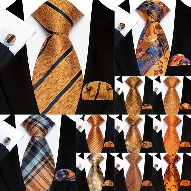 YISHLINE Krawatte, Einstecktuch, Manschettenknöpfe Set, Orange Braun, Herren - Bild 1