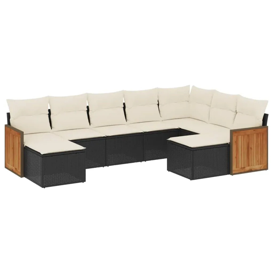 vidaXL 9-teilige Garten-Sofagarnitur in L-Form aus Poly-Rattan und Akazienholz mit Kissen in Schwarz - Bild 2