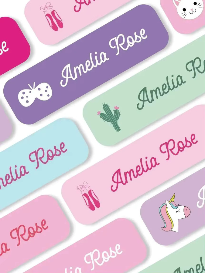 132 Stück Personalisierte Namensaufkleber in Pink und Multicolour, Wasserfeste Laminierte Benutzerdefinierte Etiketten als Gestanzte Namensschilder für Schule, Flasche und Lunchbox - Bild 1
