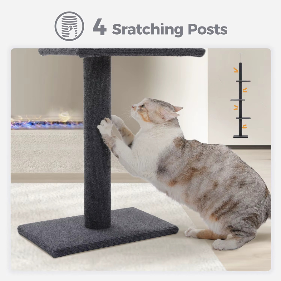 PEQULTI Höhenverstellbarer Katzenbaum in Grau mit 3 Wohnplattformen und 4 Kratzstämmen, Boden-bis-Decke Katzenturm - Bild 4