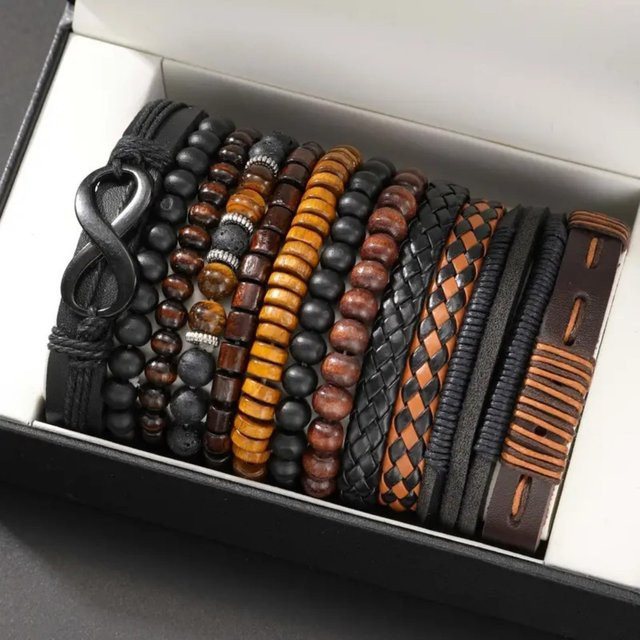 Armband-Set Kunstleder, Tigerauge, Mondsteinperlen, Vintage, Unisex - Bild 1