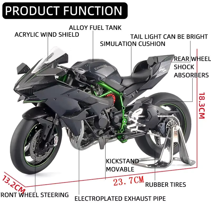 Kawasuki Ninja H2R H2, Motorrad Modell, 1:9, Metall, mit Sound und Licht - Bild 4