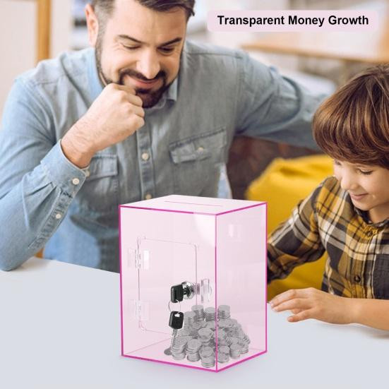 Transparentes Sparschwein aus Acryl mit Schlüssel als kubische Geldspardose für Kinder und Erwachsene - Bild 2