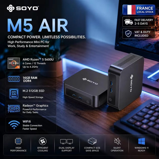 SOYO M5 AIR Mini PC mit AMD Ryzen 5 5600U CPU, 16GB DDR4 RAM, 512GB M.2 SSD, 4K Triple Display, WiFi 6 und Bluetooth 5.2, Schwarz - Bild 1