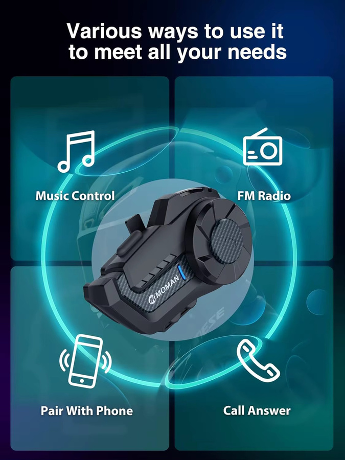 Moman Mesh Bluetooth 5.1 Helm-Intercom-Headset für Motorrad mit 1000m Funkreichweite in Schwarz - Bild 4
