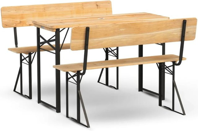 DELUKE Bierzeltgarnitur RINHO aus Holz in Hellbraun, 3-teilig mit Lehne und klappbaren Bierbänken, Breite: 120 cm - Bild 1