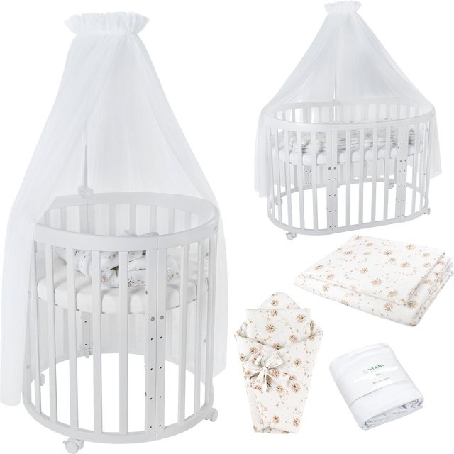 Waldin Babybett OWAL 7in1 Kinderbett aus Buchenholz mit Matratze, mitwachsendes Kinderbett, lackiert - Bild 1