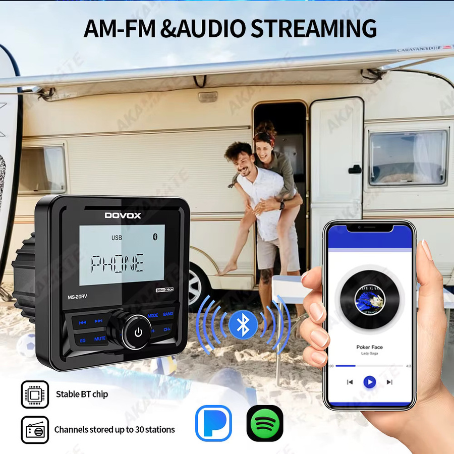 AKAMATE Wasserdichtes Bluetooth Marine-Bootsradio mit FM-AM-Antenne und Media-Player für Wohnmobil, ATV und UTV - Bild 2
