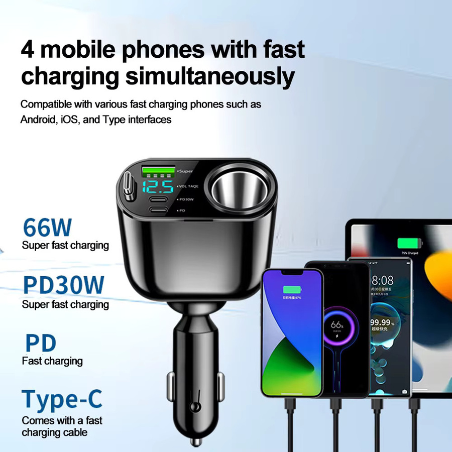 kebidumei 4-in-1 Autoladegerät mit Dual USB und Typ C Schnellladefunktion PD QC3.0 in Schwarz mit Spannungsanzeige für den Zigarettenanzünder - Bild 4