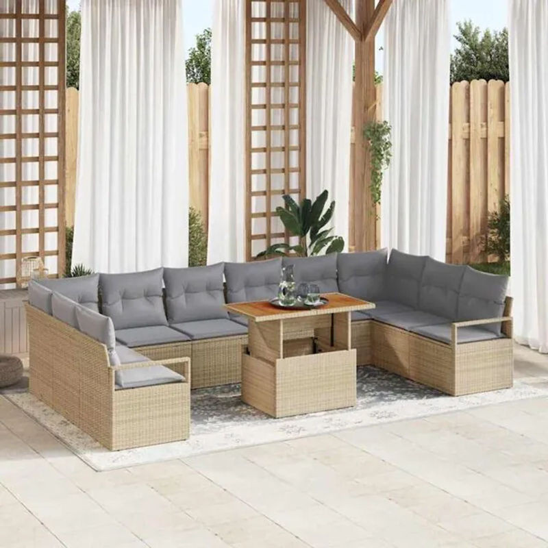 Vidaxl Polyrattan Garten-Sofa-Set mit Kissen, 11-teiliges modulares Loungemöbel-Set in Beige und Grau - Bild 1