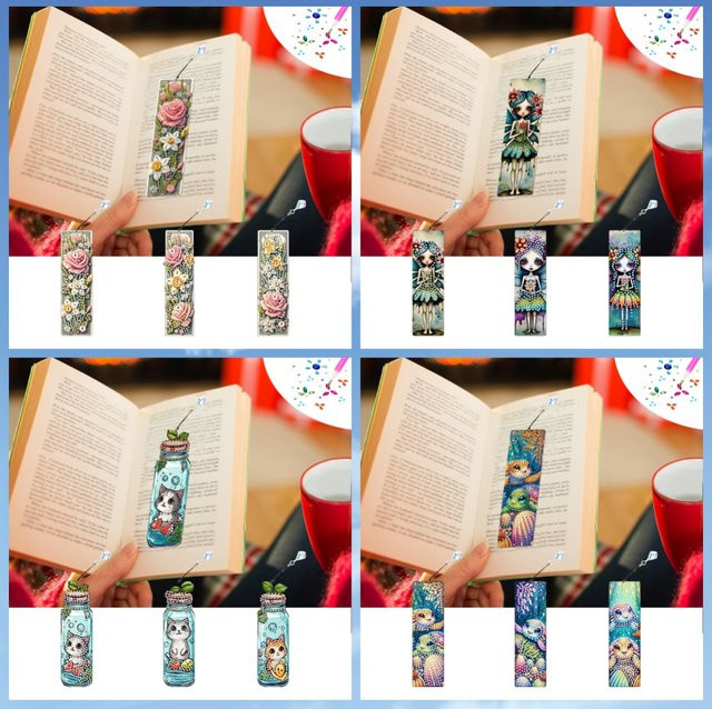 3-teiliges DIY Diamond Painting Set mit Blumen, Schildkröten und Kätzchen als Lesezeichen und Anhänger, Multicolor - Bild 1