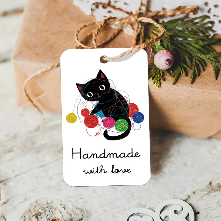 50 Stück Geschenkkarten Handmade With Love mit schwarzem Katzenwollknäuelmuster in Schwarz und Weiß aus Papier - Bild 3