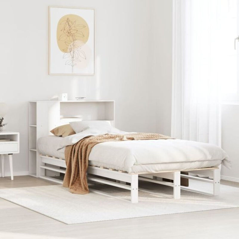 Massivholzbett aus Kiefer mit Regal in Weiß von Vidaxl, B/L: 75 x 190 cm - Bild 1