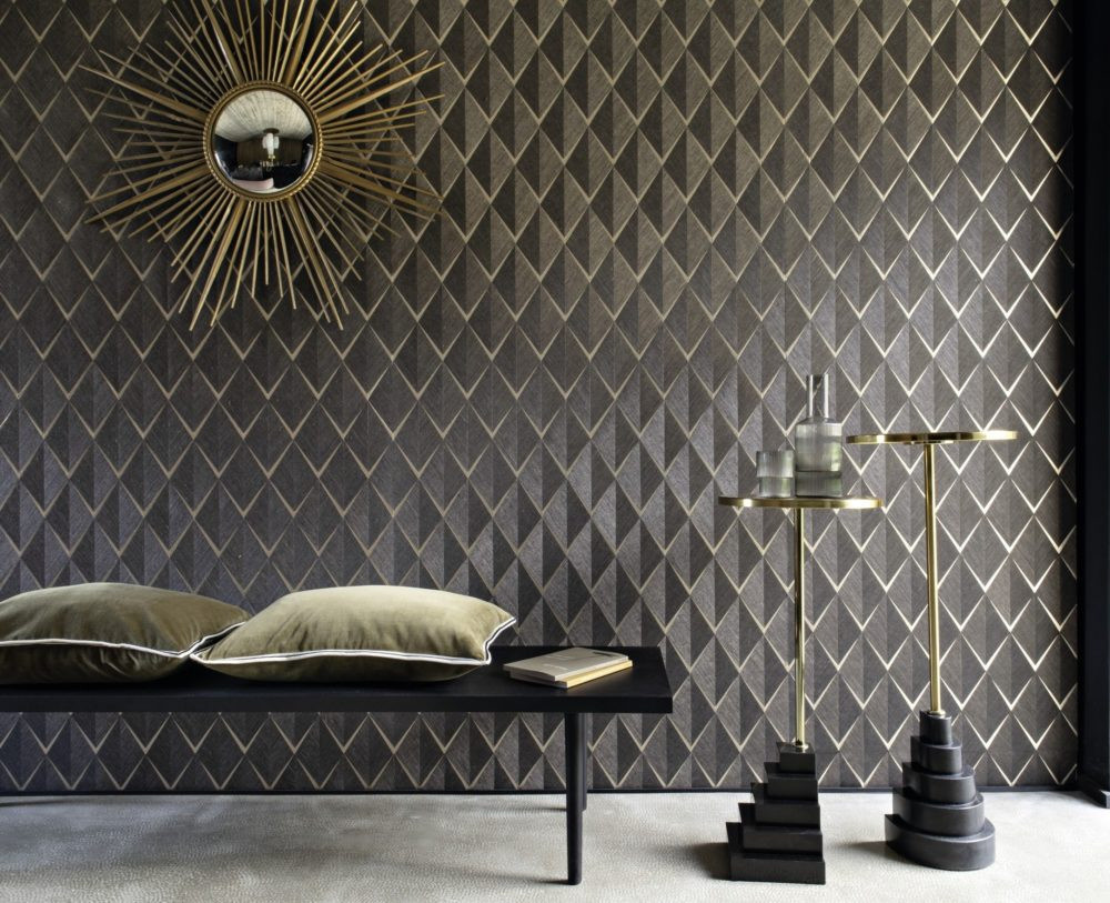 CMO Paris Tapete Sisal Losange in Schwarz, Gold und Braun mit geometrischem Art Deco Design - Bild 1