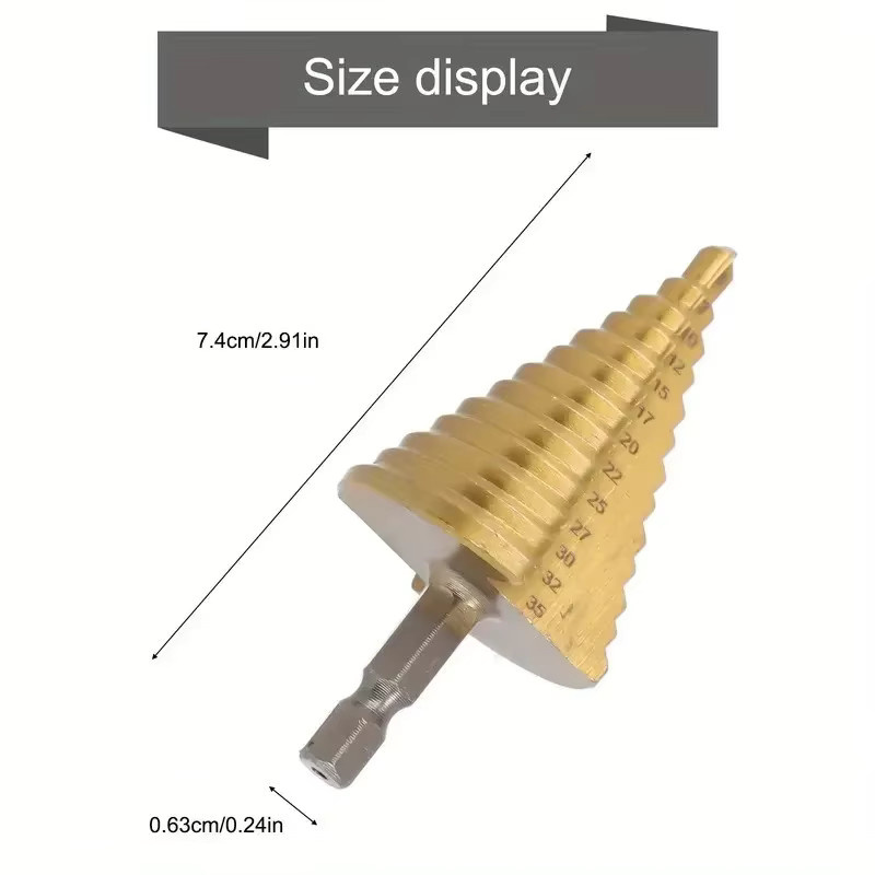 LouCnloin 13-Stufen-Stufenbohrer aus HSS mit Titanbeschichtung in Gold, Sechskantschaft für Holz und Metall, Schrittweite 5–35 mm - Bild 2
