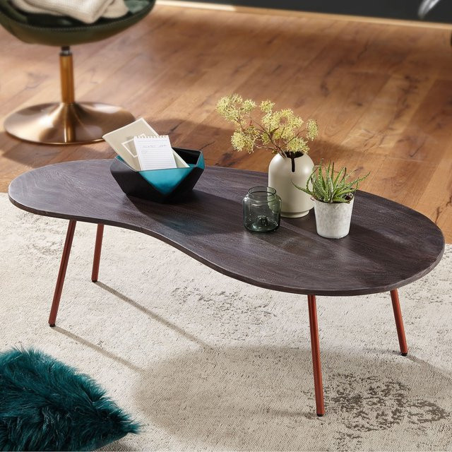 FineBuy Couchtisch aus Akazie Massivholz in Braun, Retro Design, ovale Nierenform, Breite: 122 cm - Bild 1