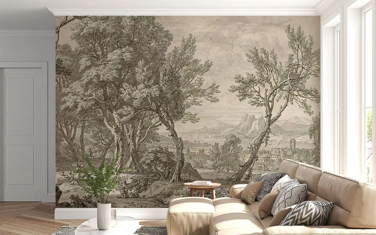 Vintage szenische Tapete von Pixel&Wall als Landschaft Panorama Wandbild mit Bäumen in Schwarz-Weiß-Grau im Bleistift-Stil - Bild 4