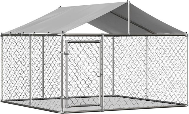 Adventure Hub Outdoor-Hundezwinger mit Dach aus Metall in Silber, B/T/H: 230 x 230 x 117 cm - Bild 1