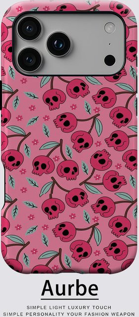 Aurbe Matte 2-in-1 MagSafe Hülle mit Totenkopf und Kirsch-Pop Design für iPhone 17 16 15 14 Plus Pro Max in Pink - Bild 1