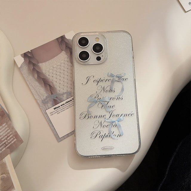 Transparente Koreanische Glitzer-Handyhülle mit Schleifenmuster und englischen Buchstaben für Apple iPhone 17 Air 16 15 14 13 12 11 Pro Max – Stoßfeste weiche Schutzhülle - Bild 1