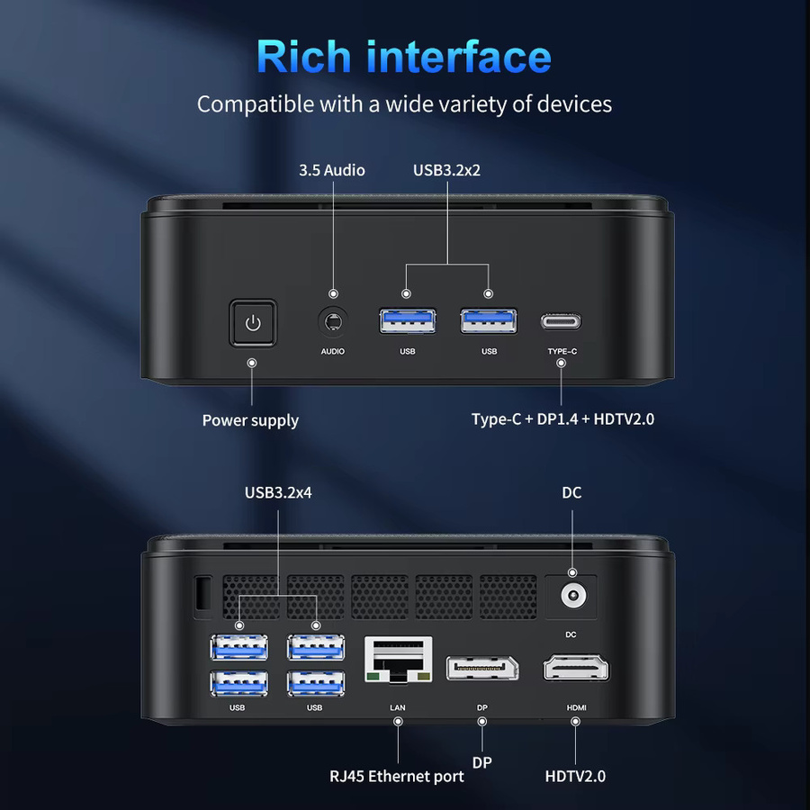 NIPOGI E3B Mini-PC mit AMD Ryzen 7 7735HS, 16GB LPDDR5, 512GB M.2 SSD, Mini-Gaming-PC in Schwarz mit USB-C und Unterstützung für Dreifach-4K-Display - Bild 2