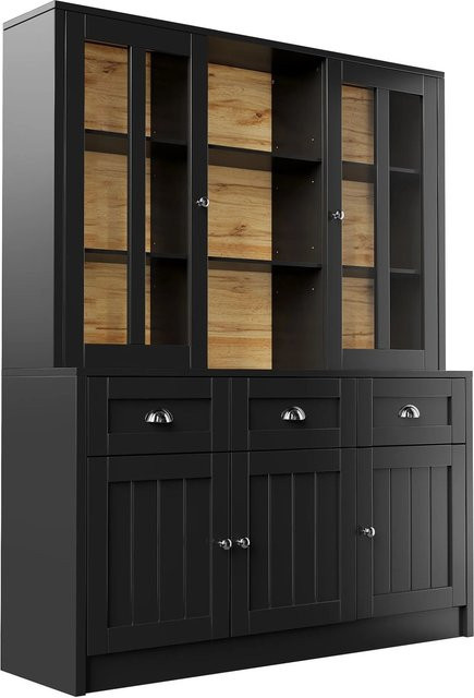 okwish Vitrinenschrank mit Schubladen und Glastüren in Schwarz, minimalistisches Design für Wohnzimmer und Küche, B/T/H: 140 x 38,5 x 175 cm - Bild 1