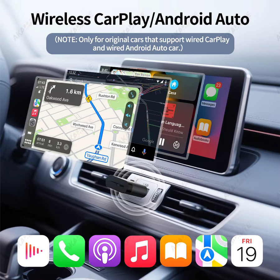 AKAMATE 2-in-1 Wireless Mini CarPlay und Android Auto Dongle in Schwarz mit USB-C Anschluss für VW, Toyota, Audi und Benz - Bild 3