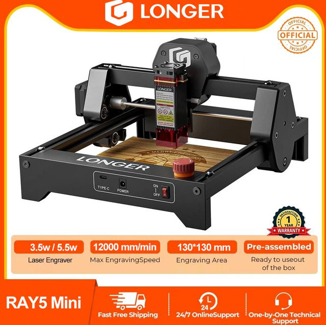 LONGER Ray5 Mini Lasergravierer 5.5W 3.5W Kompakt Tragbar in Schwarz mit WLAN für Holz Leder und Metall kompatibel mit LightBurn und LaserGRBL - Bild 1