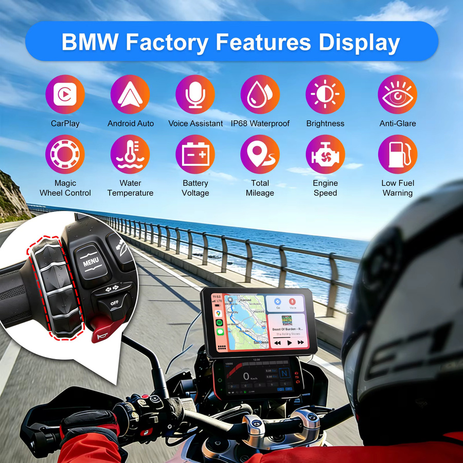 IYING 7-Zoll-Display für BMW Motorrad mit Wireless CarPlay, Android Auto und GPS-Navigator inklusive Magic Wheel in Schwarz für R1200GS R1250GS R1300GS - Bild 6