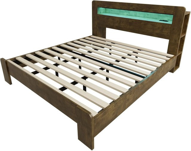 Merax Plattformbett in Vintage-Holz mit LED-Unterbettbeleuchtung, USB-Ladeport und Ablagefächern, B/T/H: 180 x 200 x 107 cm - Bild 1
