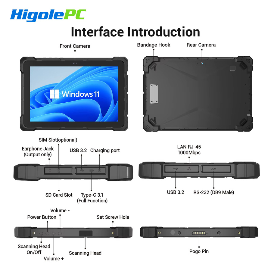 Higole F9A Industrielles Tablet-PC mit 10,1 Zoll Display, Intel N100, Windows 11, WiFi5, 8GB RAM, 128GB Speicher, 8000mAh Akku, RS232 Scanner, IP65 Schutz, Schwarz - Bild 2