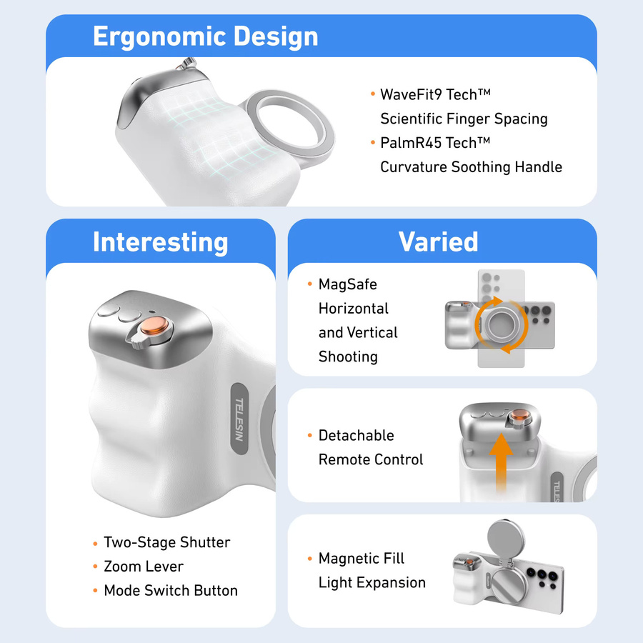 TELESIN Magnetischer Handy-Kamera-Griff als universeller Smartphone-Halter und Fernbedienungsgriff für iPhone und Android in Schwarz oder Weiß - Bild 3