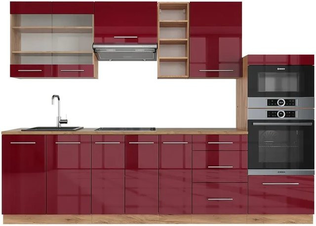 Vicco Fame-Line Küchenzeile Bordeaux Hochglanz und Goldkraft Eiche, Breite: 280 cm - Bild 1