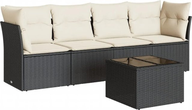 vidaXL 5-tlg Garten-Sofagarnitur in L-Form mit Polsterkissen und Couchtisch, Schwarz, Poly-Rattan und Metallgestell - Bild 1