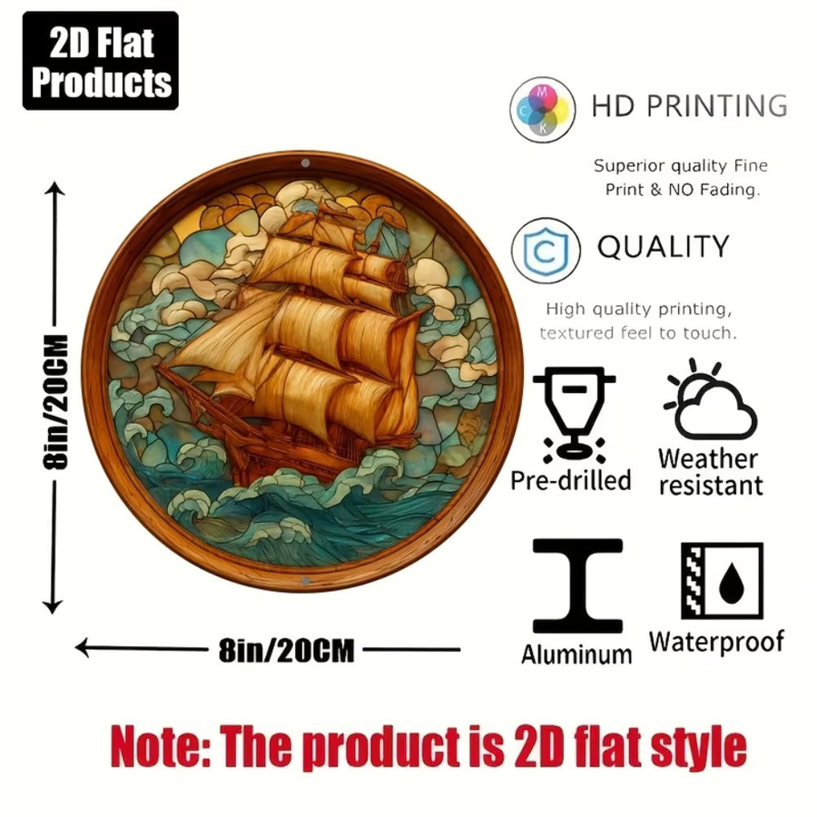CIFBUY Rundes Aluminium-Metallschild mit geprägtem Segelboot-Motiv, Wanddekoration in Multicolour, Durchmesser: 20,32 cm - Bild 2