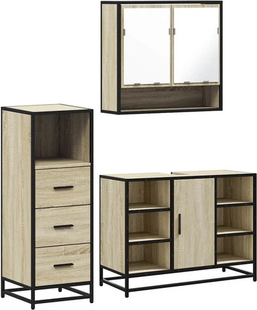 vidaXL 3-teiliges Badmöbel-Set in Sonoma Eiche mit Spiegelschrank, Waschbeckenunterschrank und Badezimmerschrank im industriellen Stil