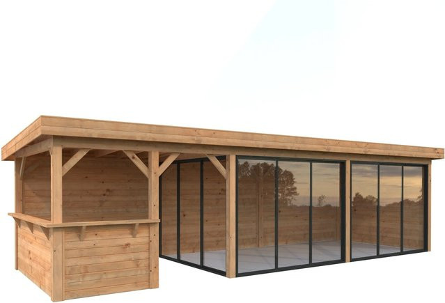 Palmako Pavillon Lenna Set 419 Slide aus Fichtenholz in Braun mit Alu-Schiebetüren und Eck-Tresenanlage, B/H/T: 876 x 245 x 300 cm - Bild 1