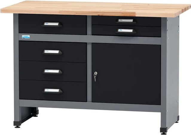 Küpper Werkbank eintürig mit 6 Schubladen, Schwarz-Hellgrau, B/T/H: 120 x 60 x 84 cm - Bild 1