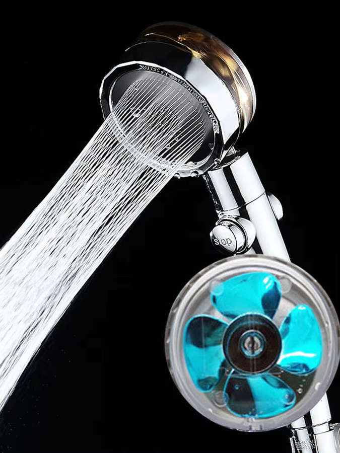 IOUHAPPY Hochdruck-Handbrause mit Ein-Klick-Stopp und Filter, Wassersparender Duschkopf in Chrom und Silber/Blau, Rund - Bild 3