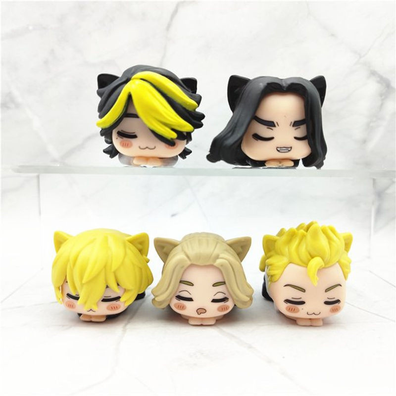 Bandai Tokyo Revengers Anime Figuren Set mit Takemichi, Mikey, Baji, Chifuyu und Kazutora als bunte Katzen-Modelle aus Kunststoff zur Dekoration - Bild 1